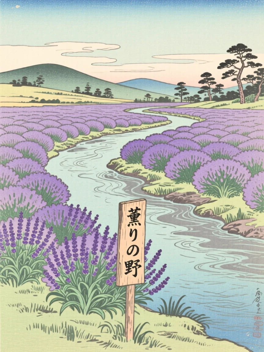 A field of blooming lavender along a slow-moving river.
