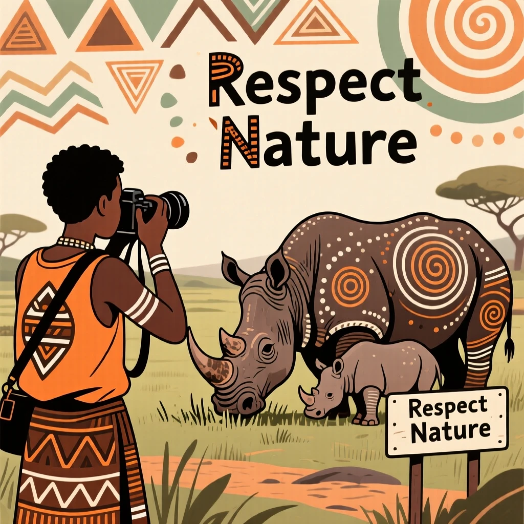 A young photographer observing a family of rhinos grazing quietly.