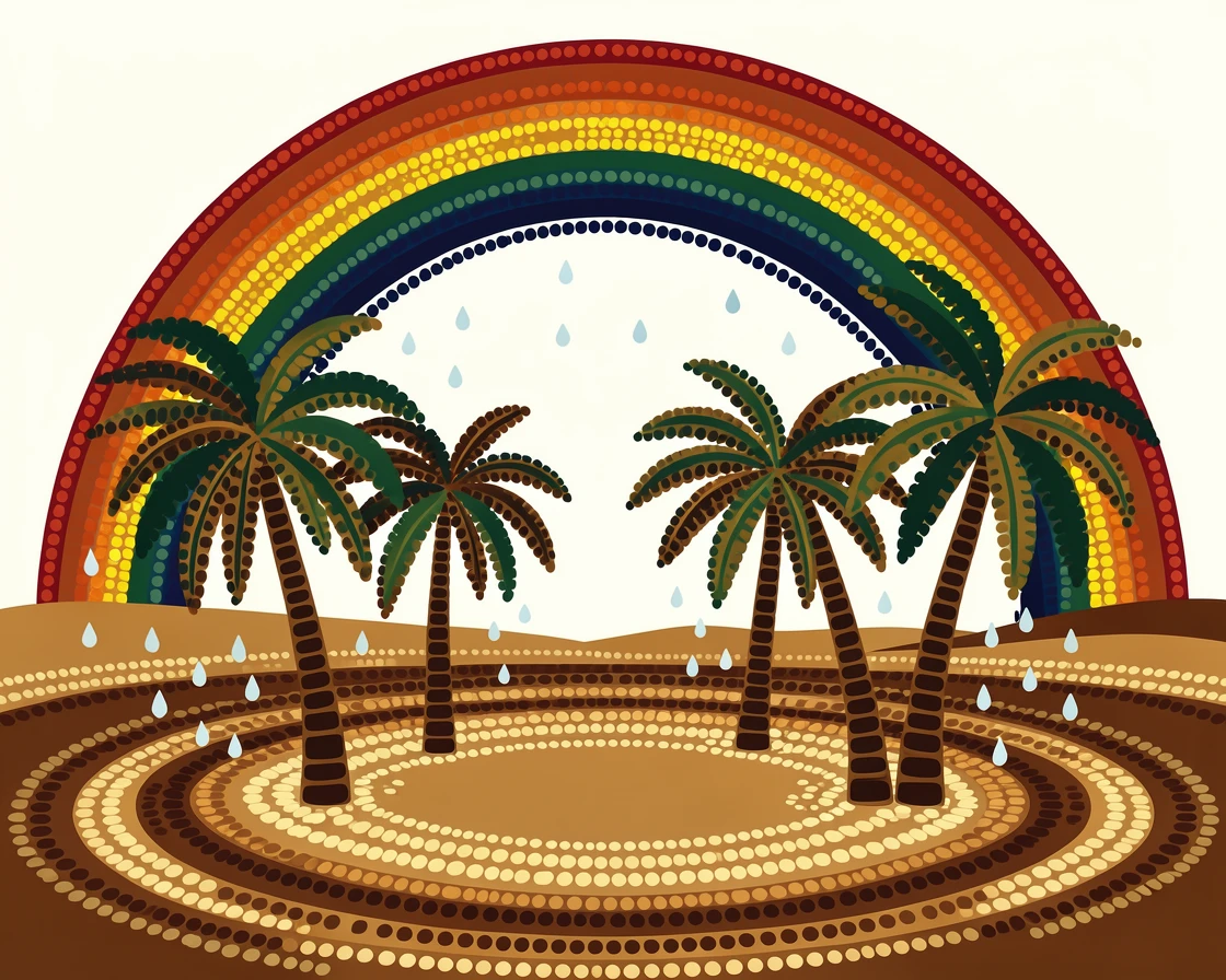 A palm-fringed desert oasis beneath a rainbow after rain