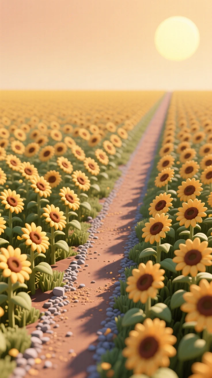 A sunflower field stretching toward the horizon, each bloom facing the golden afternoon sun, and a dirt road cutting through the middle.
