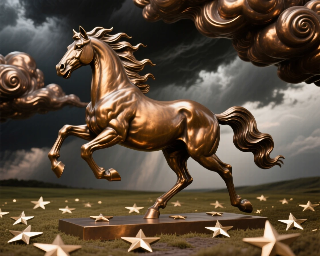 A celestial horse galloping across a field of stars, framed by dramatic storm clouds, radiating awe and grandeur