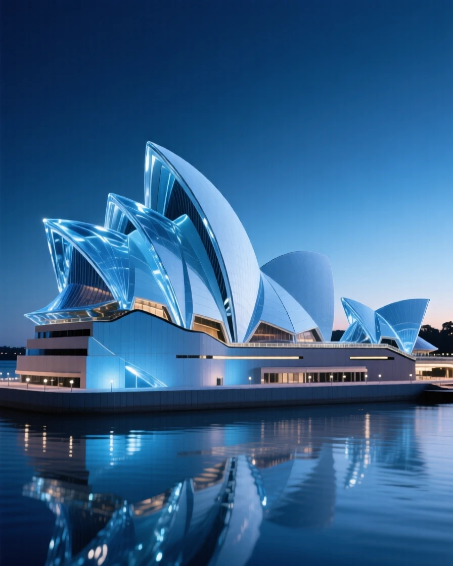 The Sydney Opera House at dusk at blue hour with soft ambient lighting beginning to glow, reflections shimmering nearby, evoking timeless elegance.