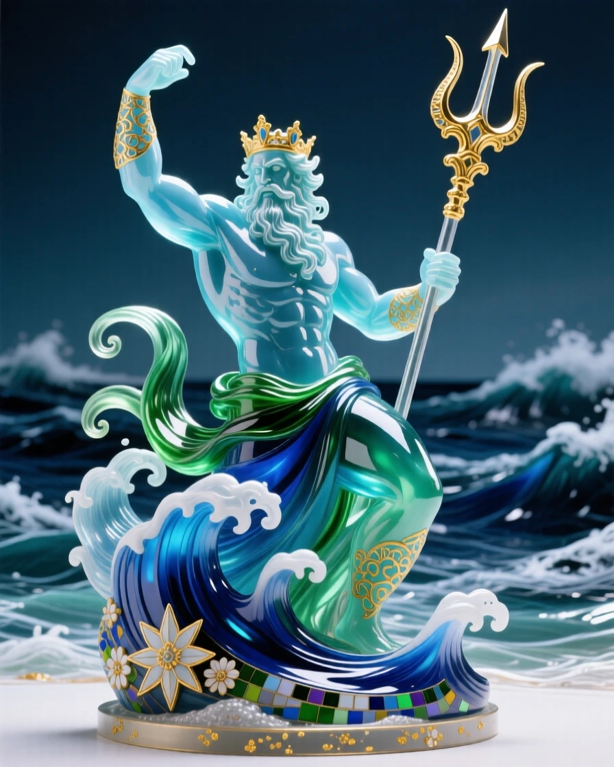 Poseidon rising from a turbulent sea with his trident raised high, powerful and dramatic.