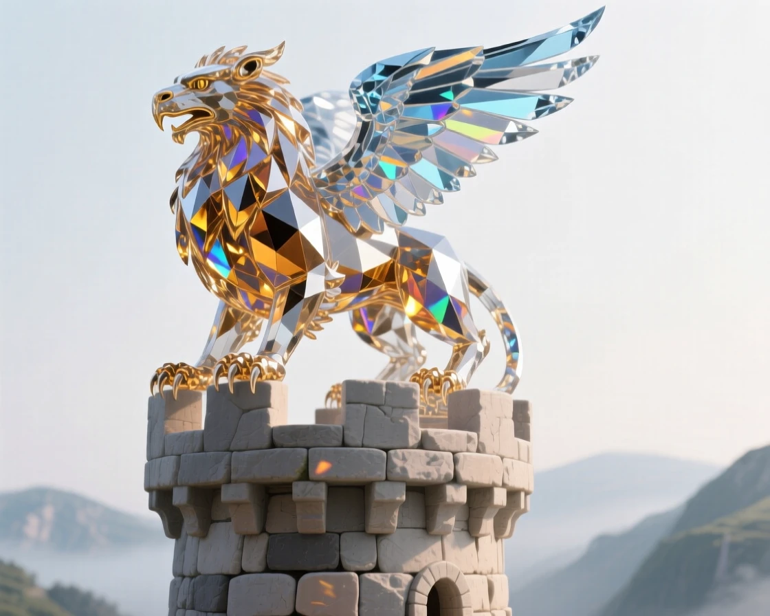 A griffin perched atop an ancient stone tower overlooking a misty valley kingdom.