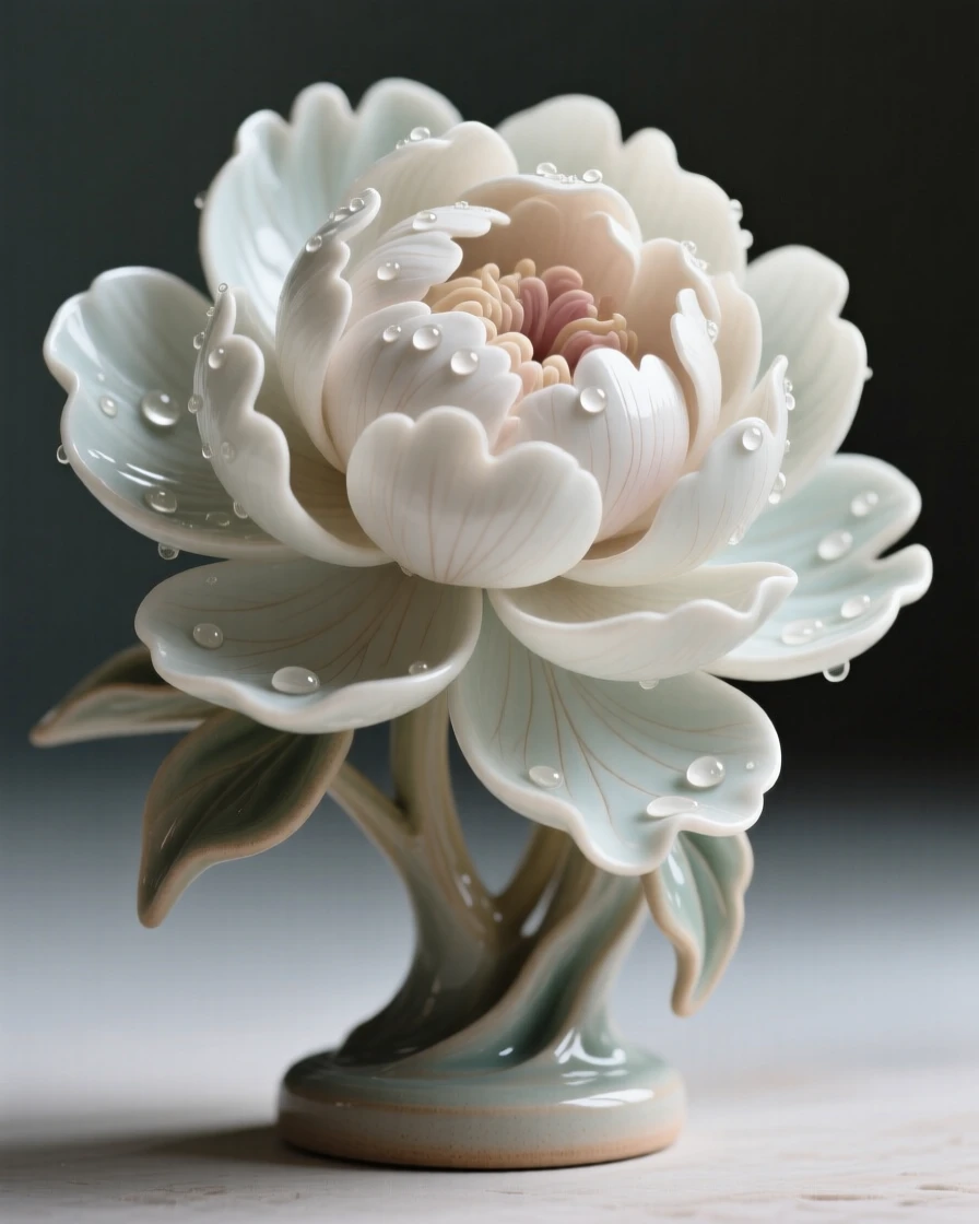 A fully bloomed peony unfurling its petals caught mid-sway in a gentle breeze, with dew glistening on each petal, capturing a fleeting, delicate moment in bloom.