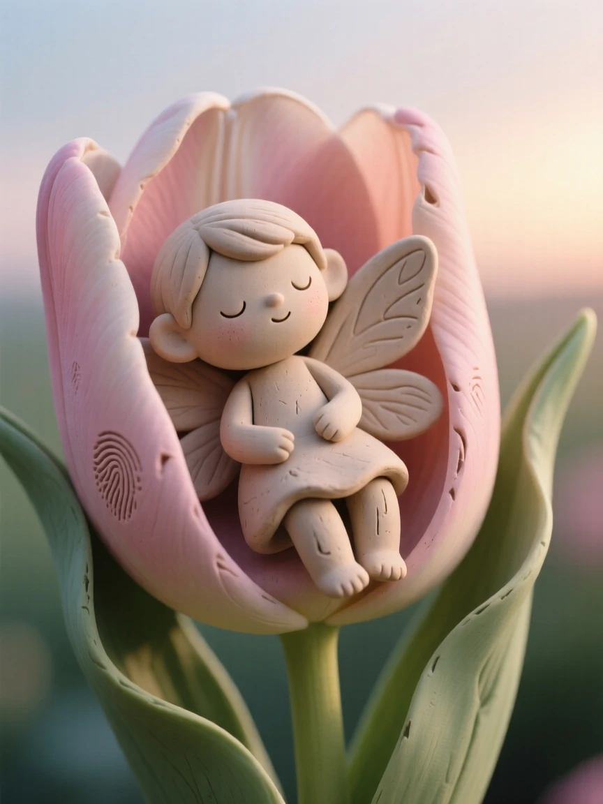 A tiny fairy resting inside a folded tulip petal at dawn