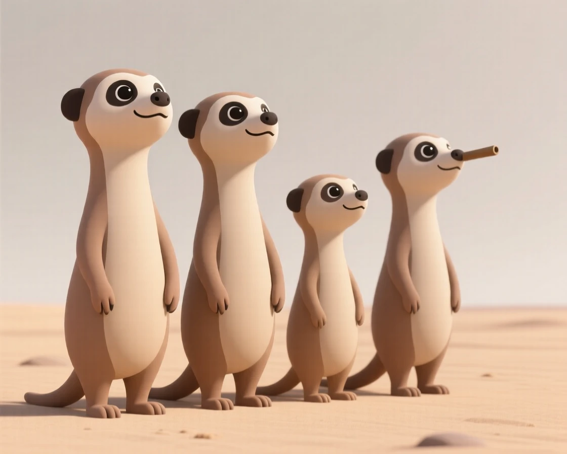 A curious meerkat family stands upright in a row, scanning the sandy desert horizon for danger.
