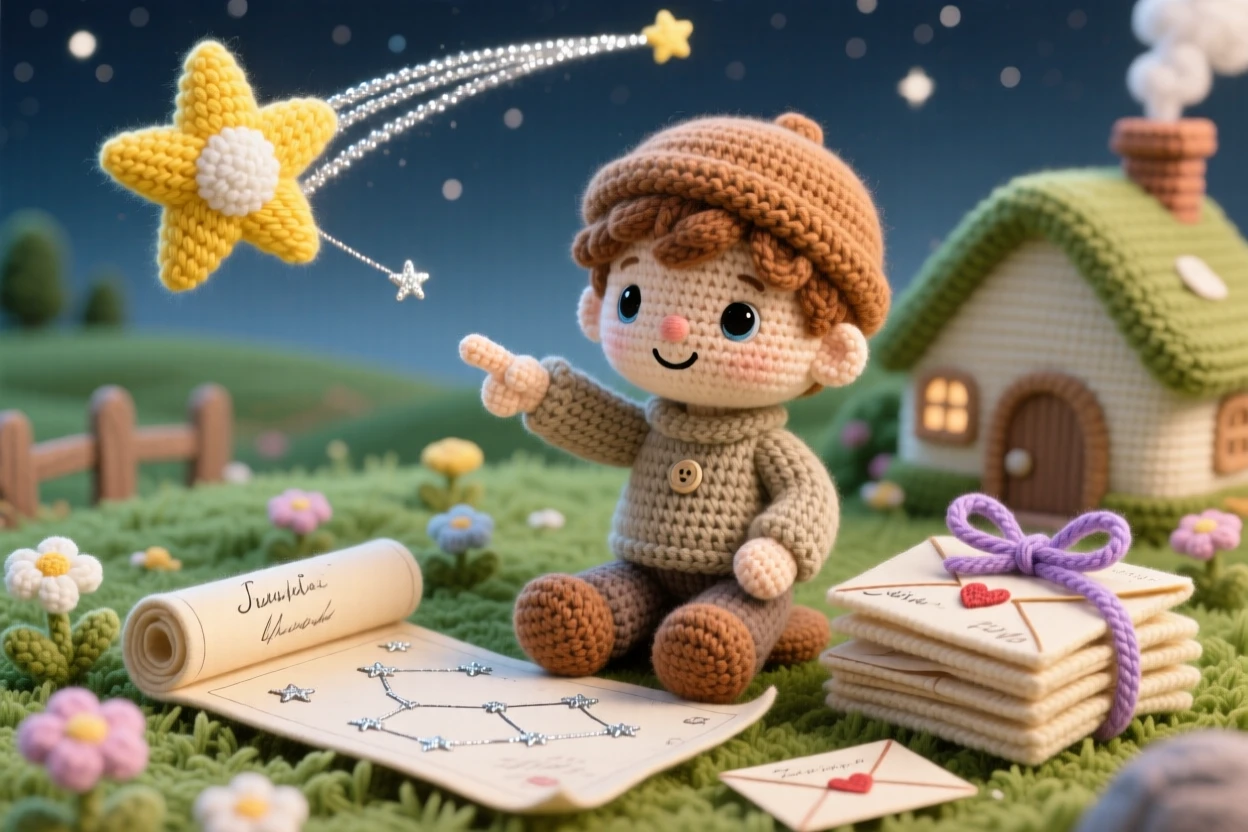 a small boy astronomer, with a star chart unrolled before him, pointing excitedly at a shooting star, in a quiet countryside cottage garden, with a stack of handwritten letters tied with ribbon nearby, conveying tender patience and unhurried craftsmanship.