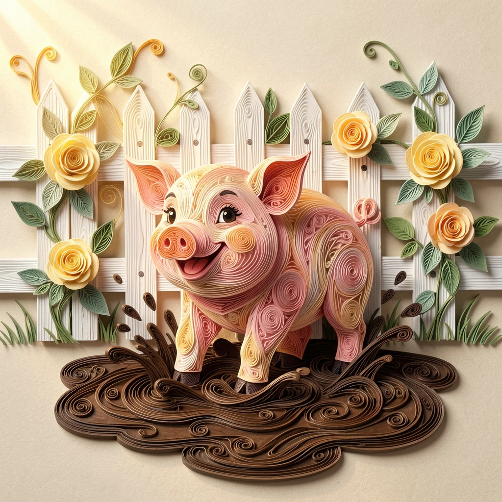 a piglet splashing happily in a mud puddle, beside a picket fence covered in climbing roses, with soft rays of golden light filtering in from one side, in a palette of buttery yellow and sage green.