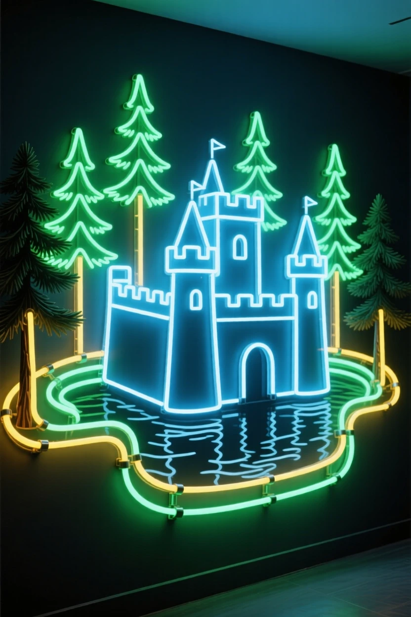 A moated fortress surrounded by a ring of tall pine trees.