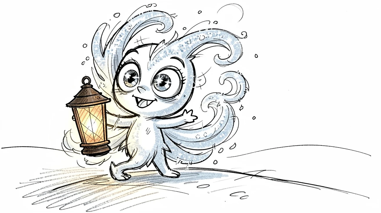 A snow spirit made of glittering frost beside a lantern-lit path.