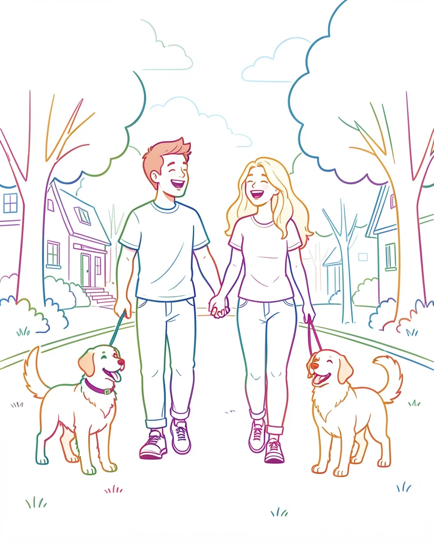 Two friends laughing together while walking dogs in a neighborhood park.