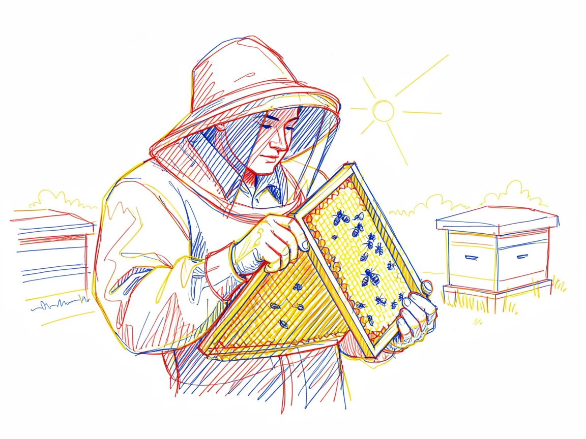 A beekeeper carefully inspecting a frame of honeycomb in a sunny apiary