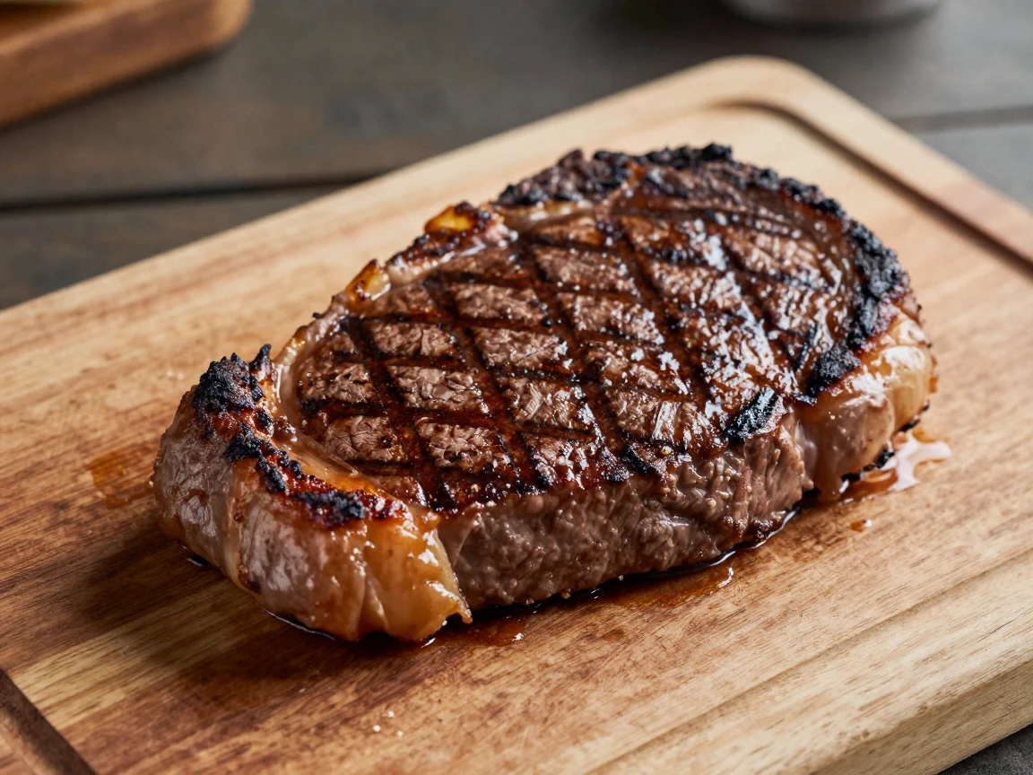 A perfectly seared steak resting on a wooden board