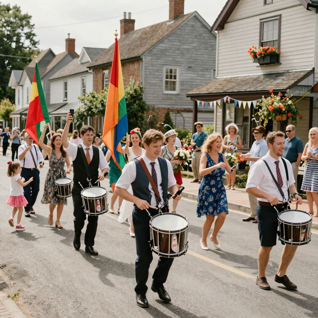 A wedding procession dances through a village street led by drummers and flag bearers.