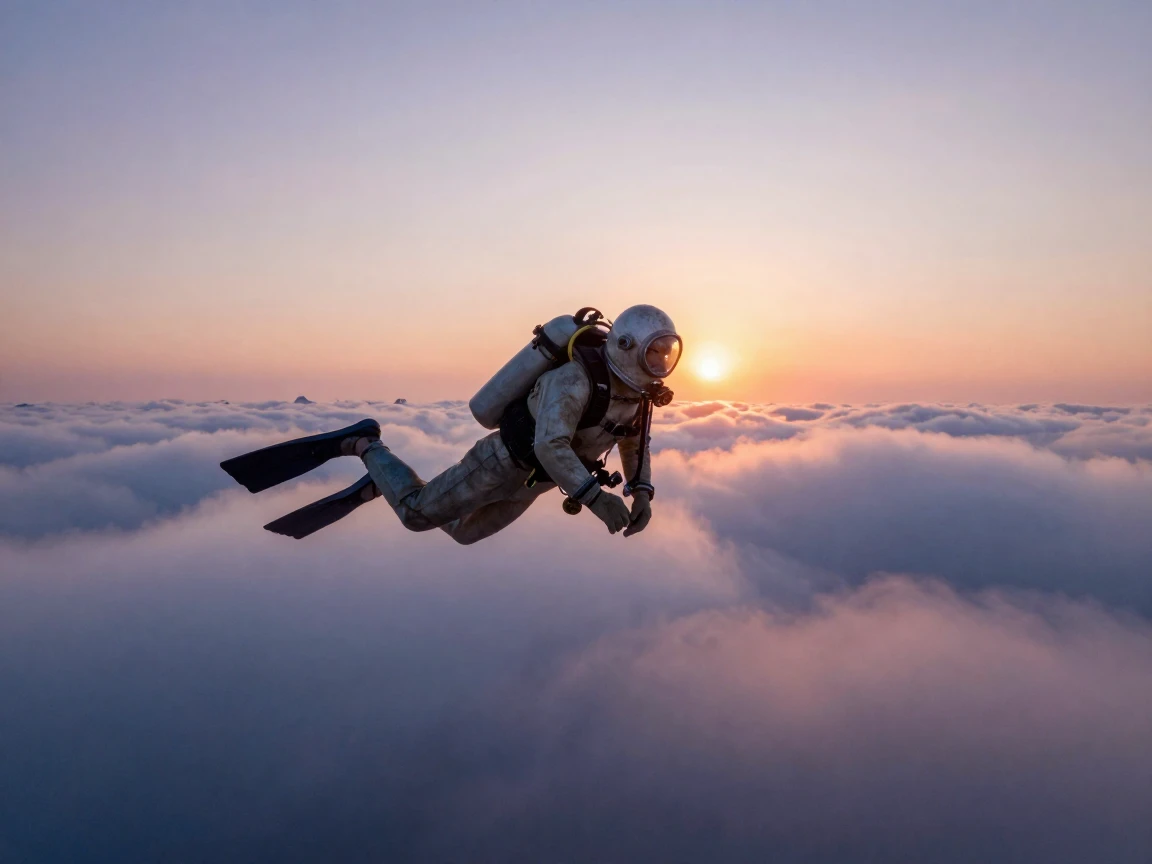 A deep sea diver gliding above the clouds at sunrise above a sea of rolling clouds