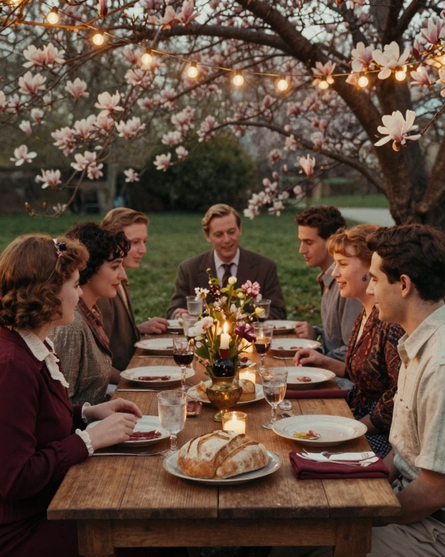 Friends sharing a meal at a long communal table under string lights, in low lamplight, with a soft breeze stirring the air, as spring blossoms unfurl, with rich burgundy and gold accents, viewed from across the room.