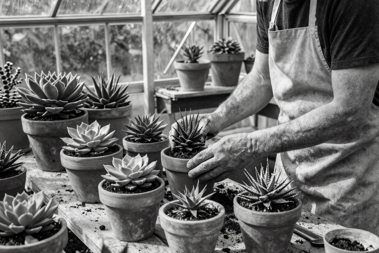 A gardener repots a collection of succulents inside a glass greenhouse.