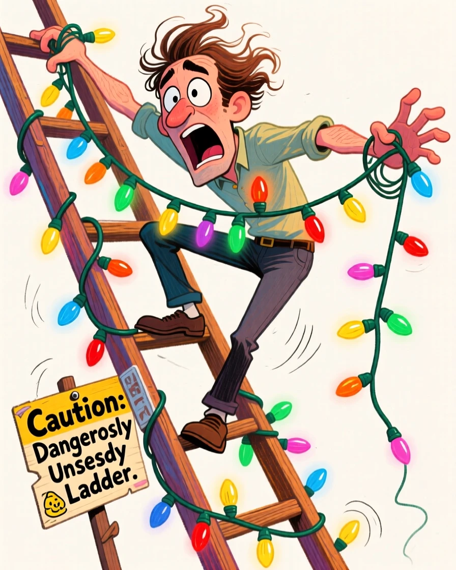 A man attempting to balance on a wobbly ladder while hanging string lights.