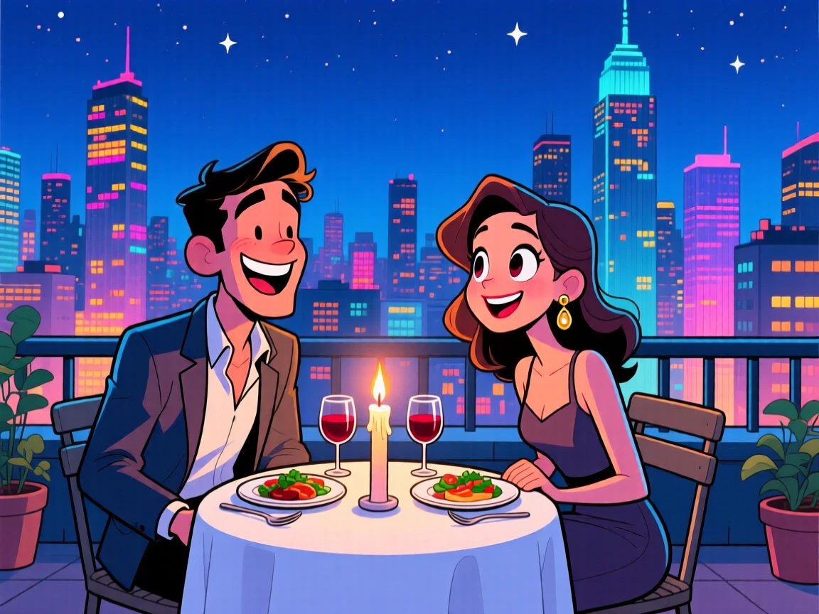 An aspirational lifestyle scene of a couple enjoying a candlelit dinner on a rooftop terrace overlooking a glittering city skyline.