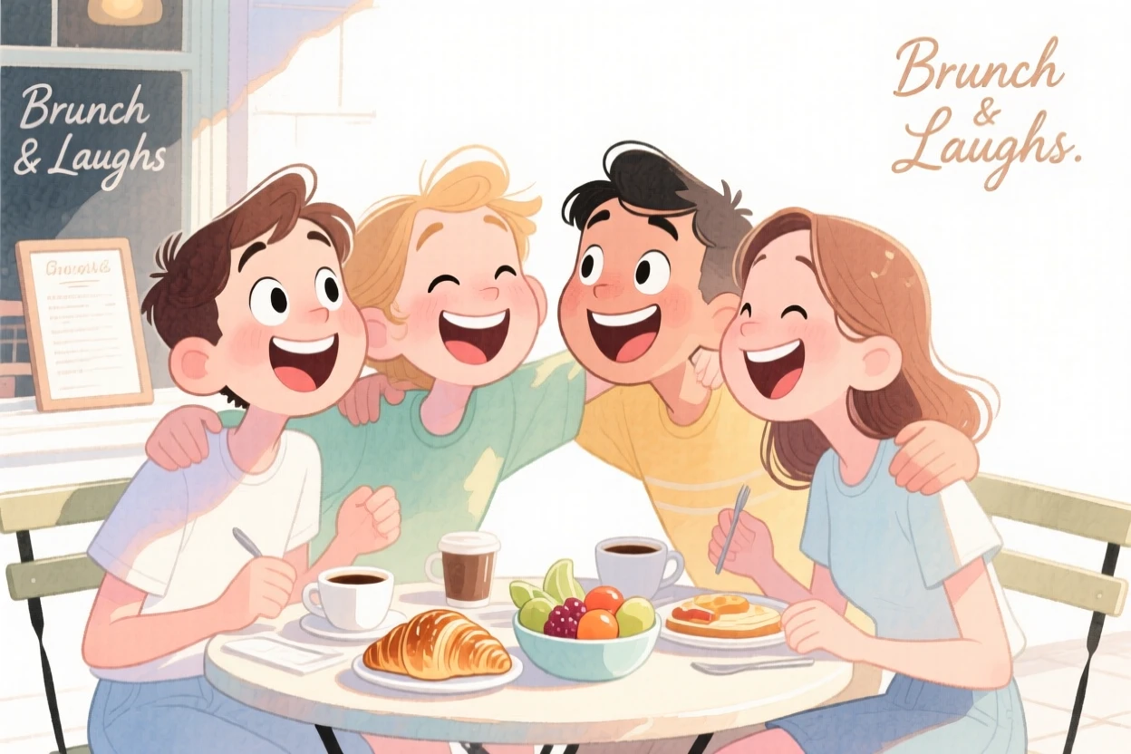 A trio of college friends laughing together over brunch at a sunny café
