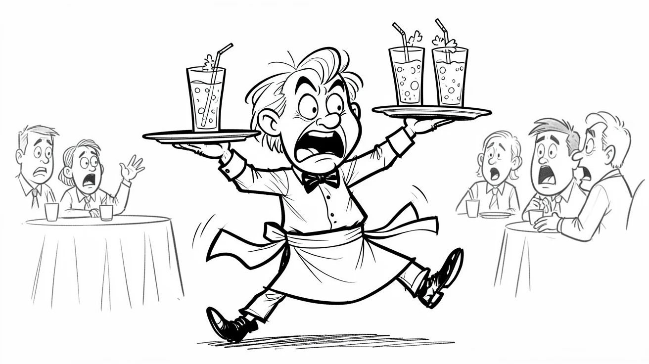[Funny & Exaggerated Situations] Comical scene of a waiter tripping but somehow saving the entire tray of drinks, exaggerated for maximum laughs