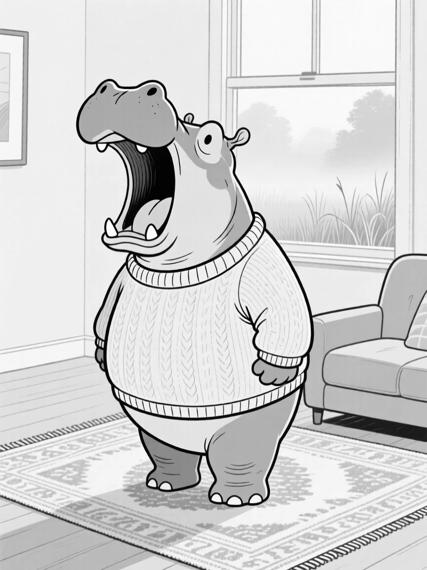 A wide-mouthed hippo yawning enormously, modeling its outfit with obvious pride, set on a living room rug in a tiny sweater. Morning mist clings to the grass. It's an irresistibly charming slice of animal personality.