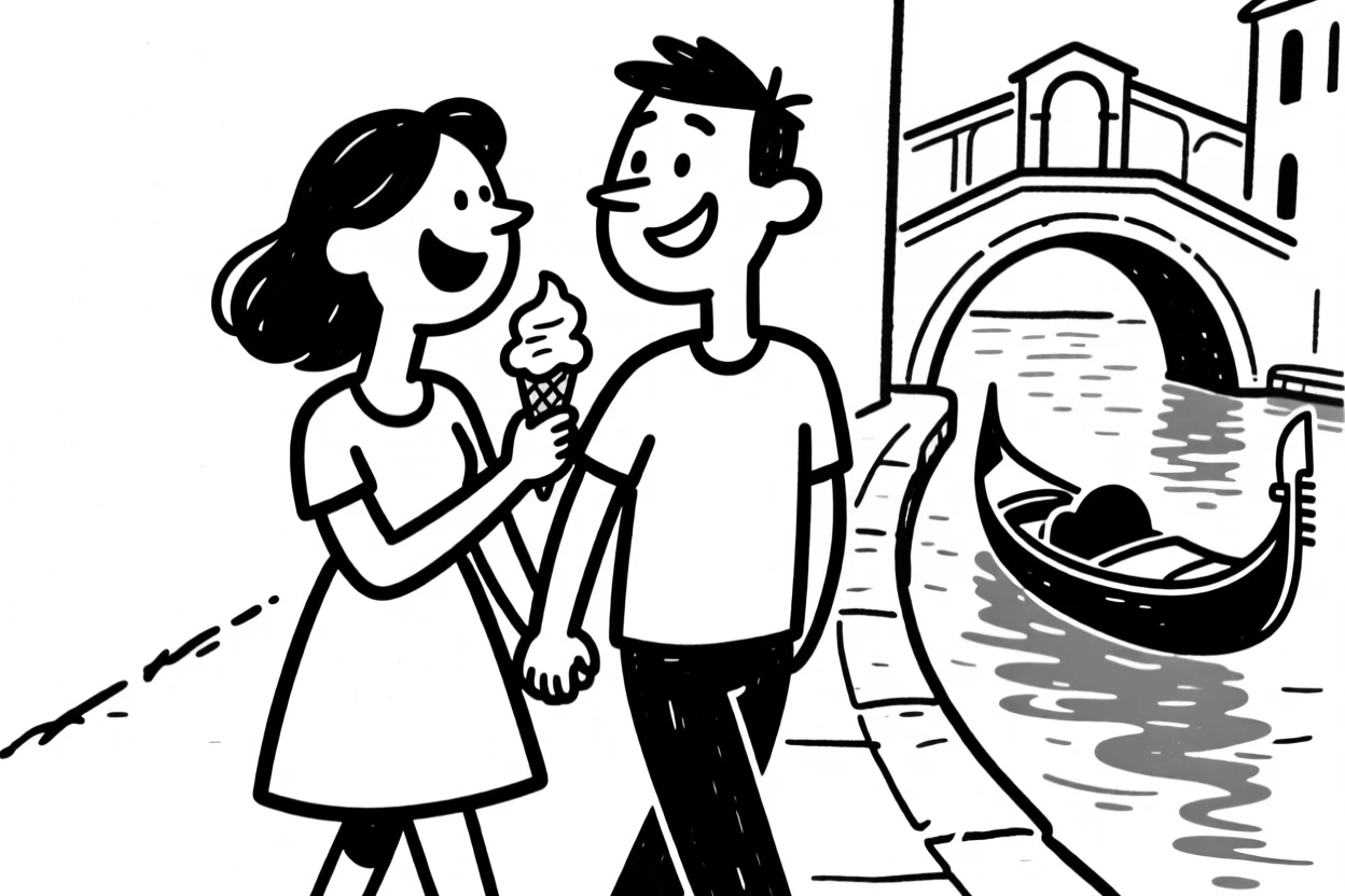 A couple sharing gelato while walking along a canal in Venice.