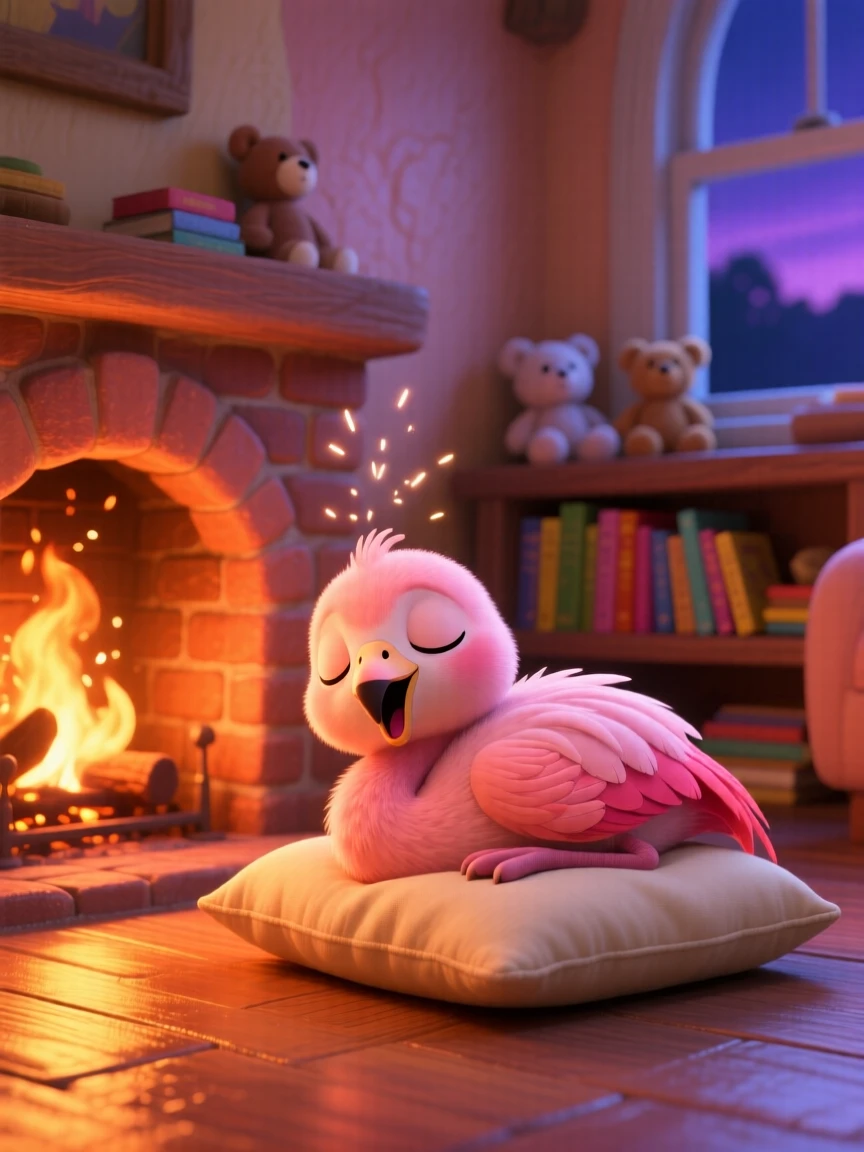 A baby flamingo is curled up beside a crackling fireplace, yawning with a tiny open mouth. A quiet, comforting sweetness surrounds the scene, with warm colors filling the background.