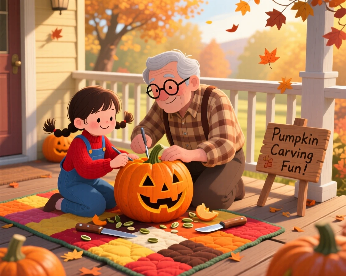 A small girl with pigtails and his grandfather are carving a jack-o'-lantern on the porch, with a homemade quilt spread beneath them.