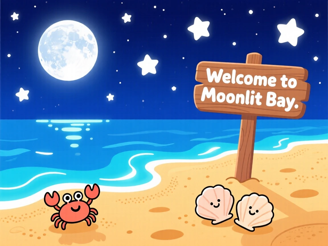 A moonlit beach with gentle waves glowing under starlight.