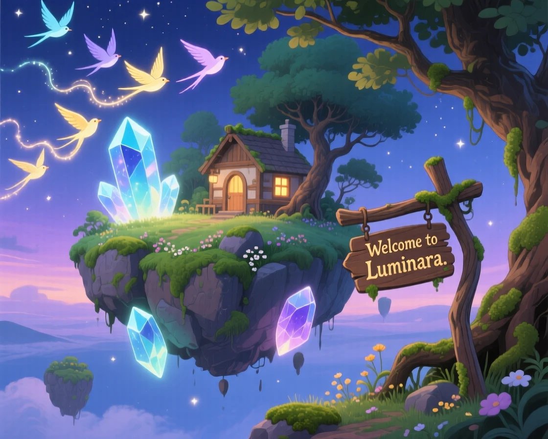 A floating island held aloft by glowing crystals, where a flock of luminous birds trailing light behind them can be seen nearby, the atmosphere mysteriously beautiful.