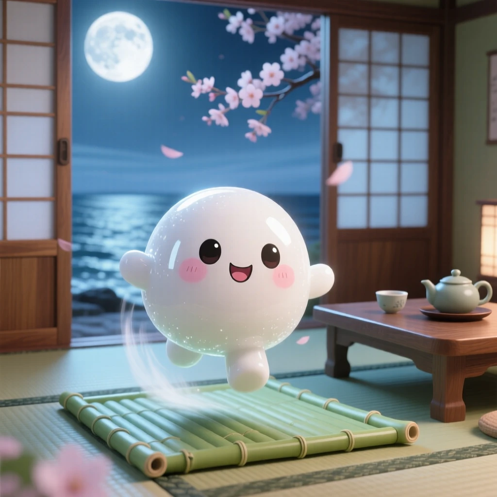 A round mochi character bouncing happily on a bamboo mat in a traditional Japanese tea room on a breezy coastal afternoon; soft moonlight washes over the scene as wide-eyed wonder fills the moment. Close-up portrait.