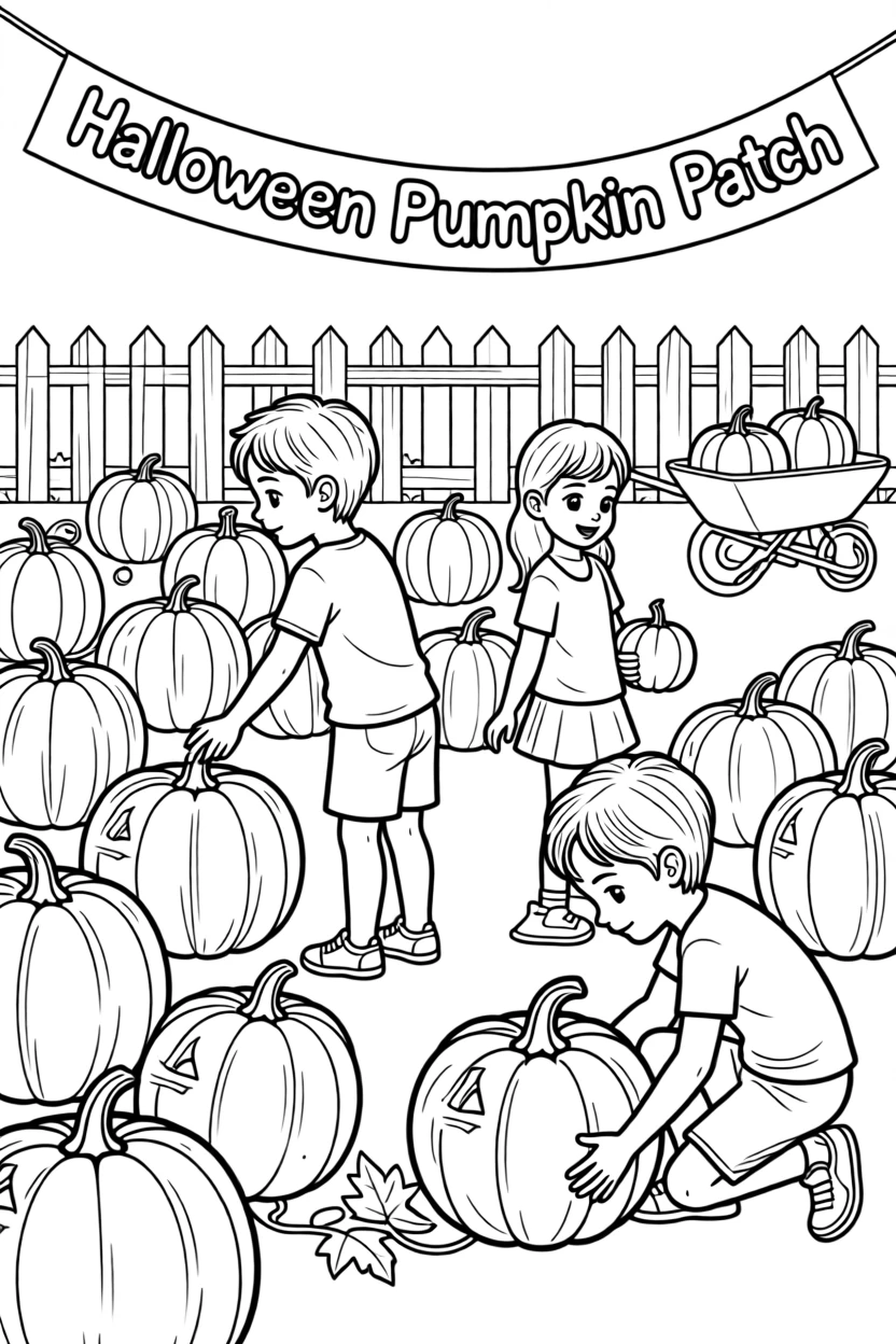 A Halloween pumpkin patch with children choosing their pumpkins
