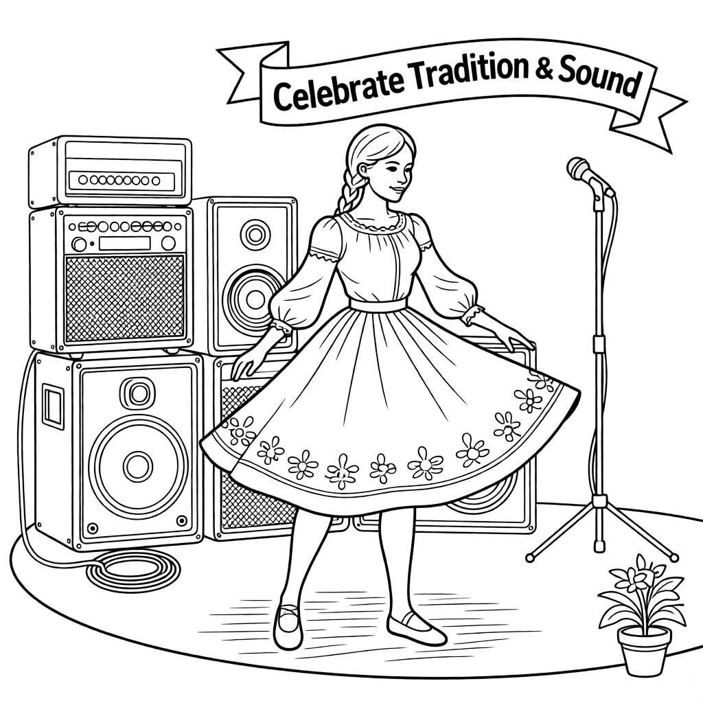 A folk dancer twirling in a flowing traditional skirt, with amplifiers stacked in the background.