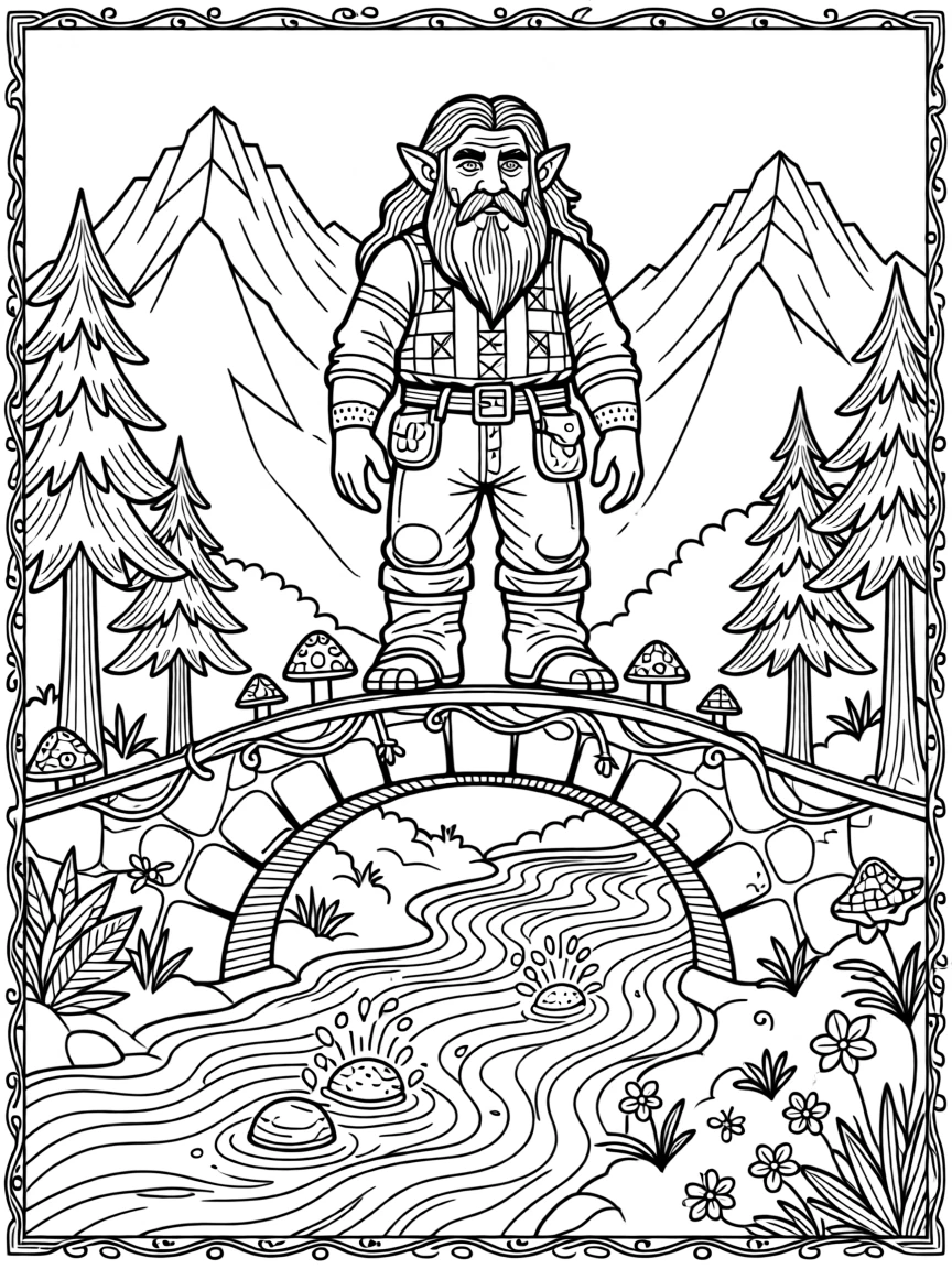 A troll bridge arching over a rushing mountain river.