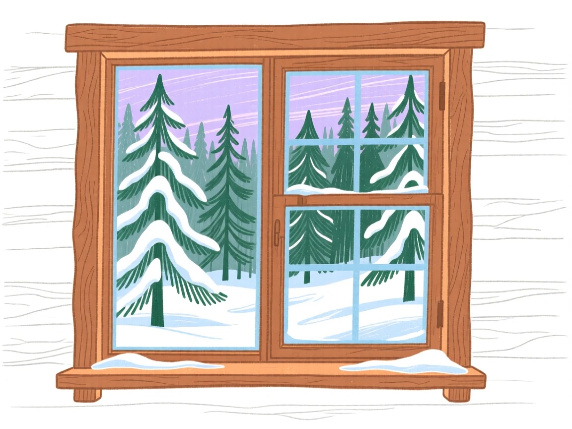 A cabin window looking out onto a snowy pine forest.
