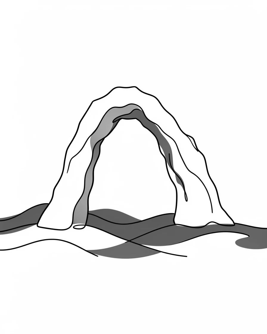 A dramatic rock arch formation standing in a red desert landscape