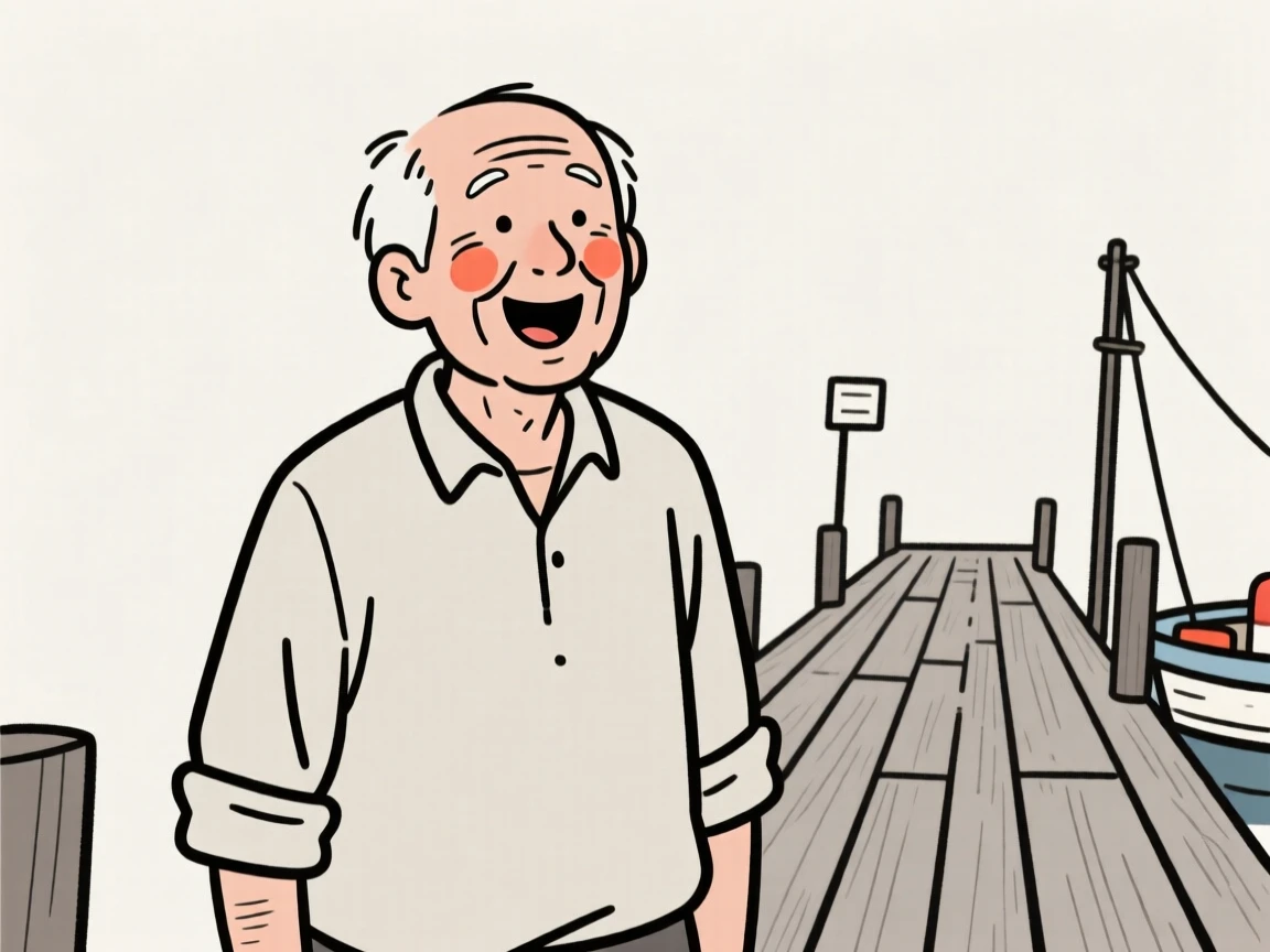 A grandfather of Norwegian heritage in a linen shirt rolled at the sleeves, bursting with excitement, on a wooden fishing pier.