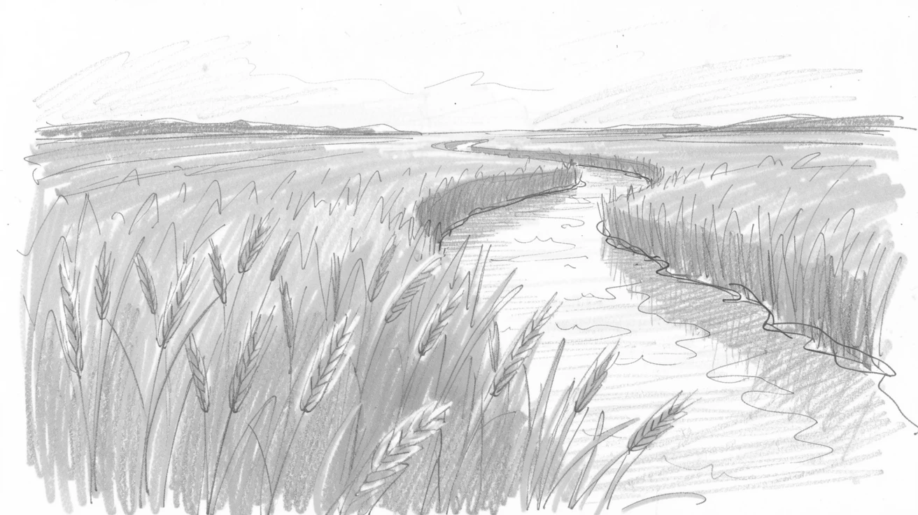 Sweeping landscape of a golden wheat field at sunset sparkling under crisp winter sunlight, with a winding river cutting through the scene.