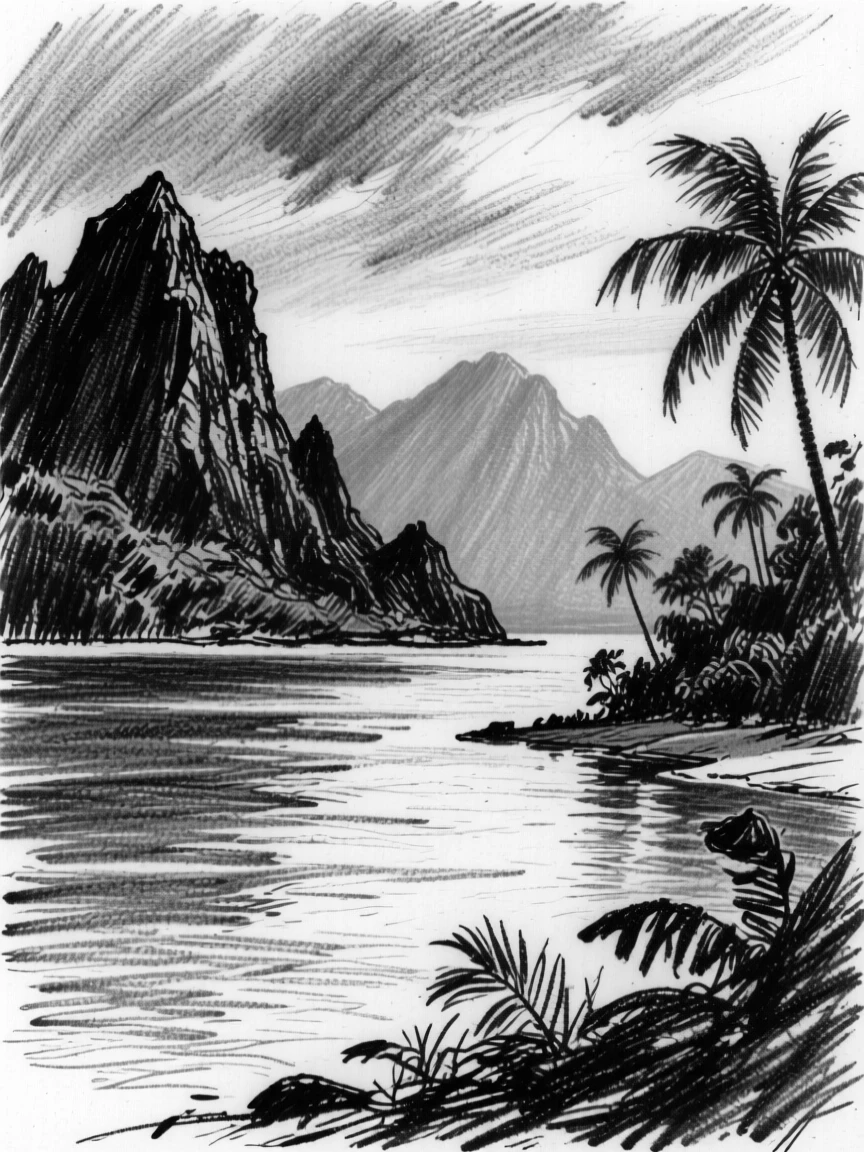A tropical lagoon with distant mountains fading into blue haze.