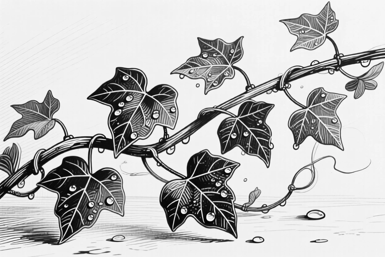 A trailing ivy vine framed by soft morning dew, with dew drops clinging to the edges, composed in a warmly inviting still-life arrangement.