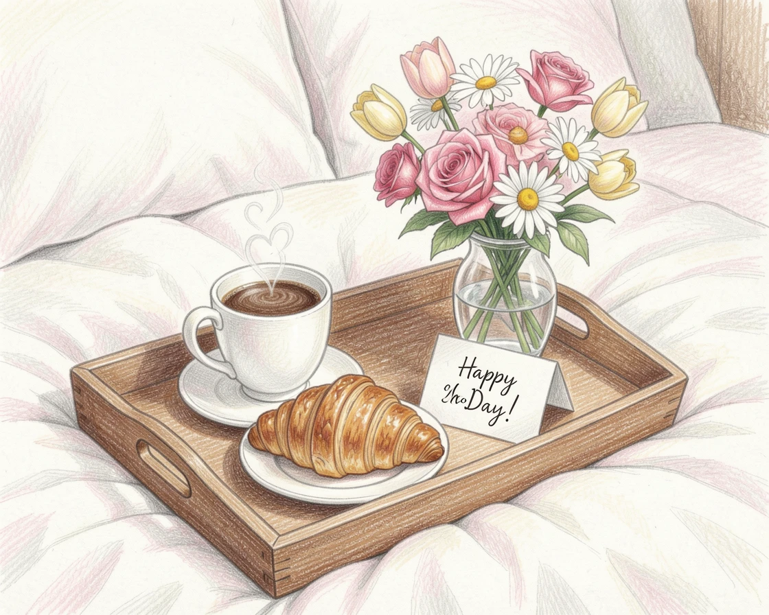 A Mother's Day breakfast in bed with fresh flowers and pastries, filled with joyful, familiar holiday details, designed to feel heartwarming and festively memorable.