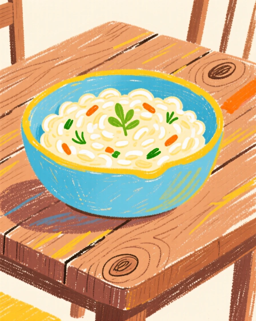 A bowl of creamy risotto arranged on a rustic wooden table.