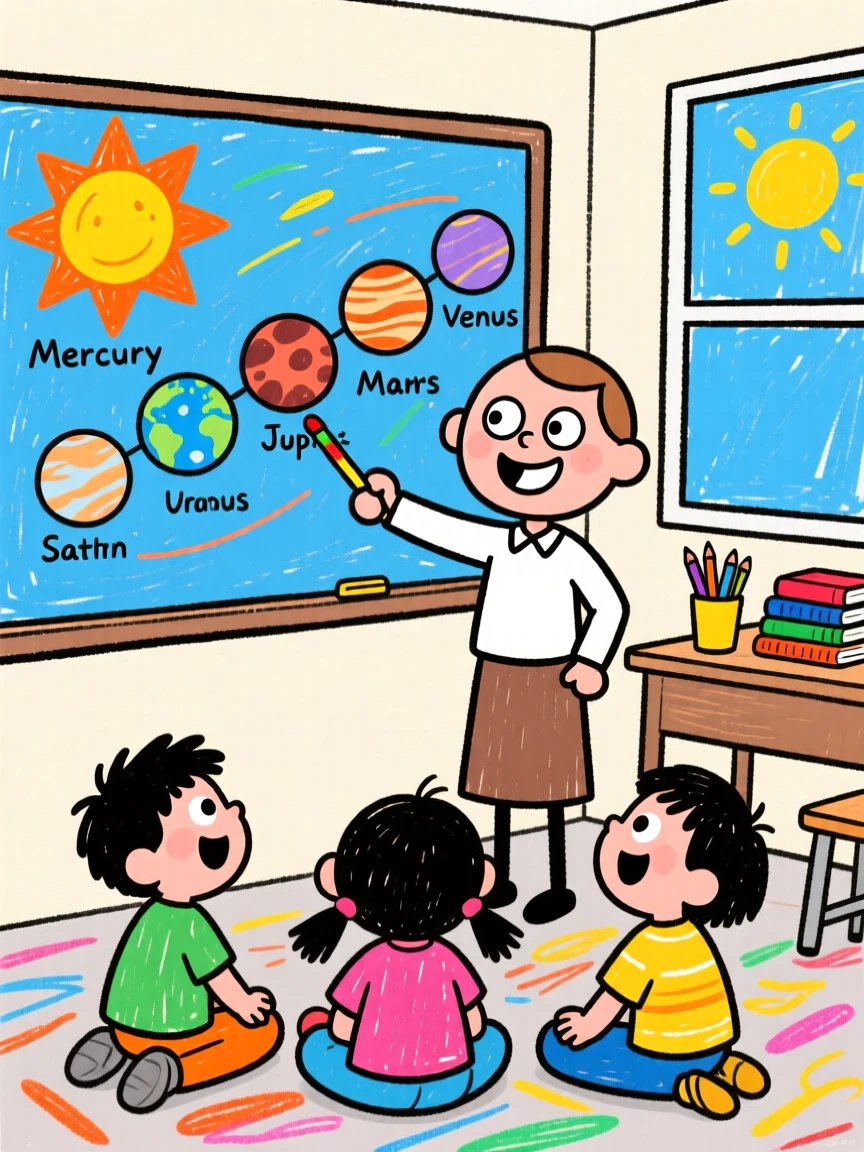A teacher showing students a map of the solar system.