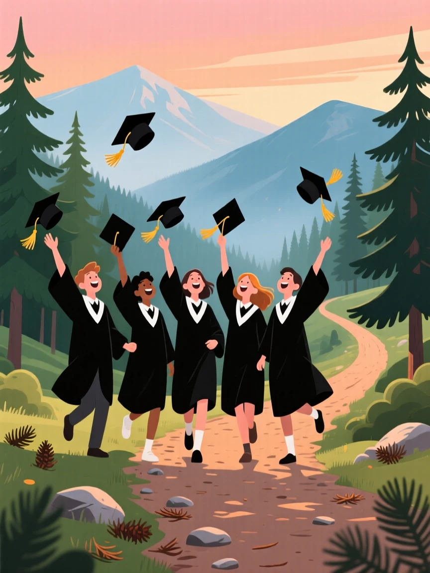 A group of students celebrating graduation by tossing their caps, on a scenic mountain trail surrounded by pines, composed with gentle motion blur suggesting playful movement, with a sense of warmth and togetherness in every detail.