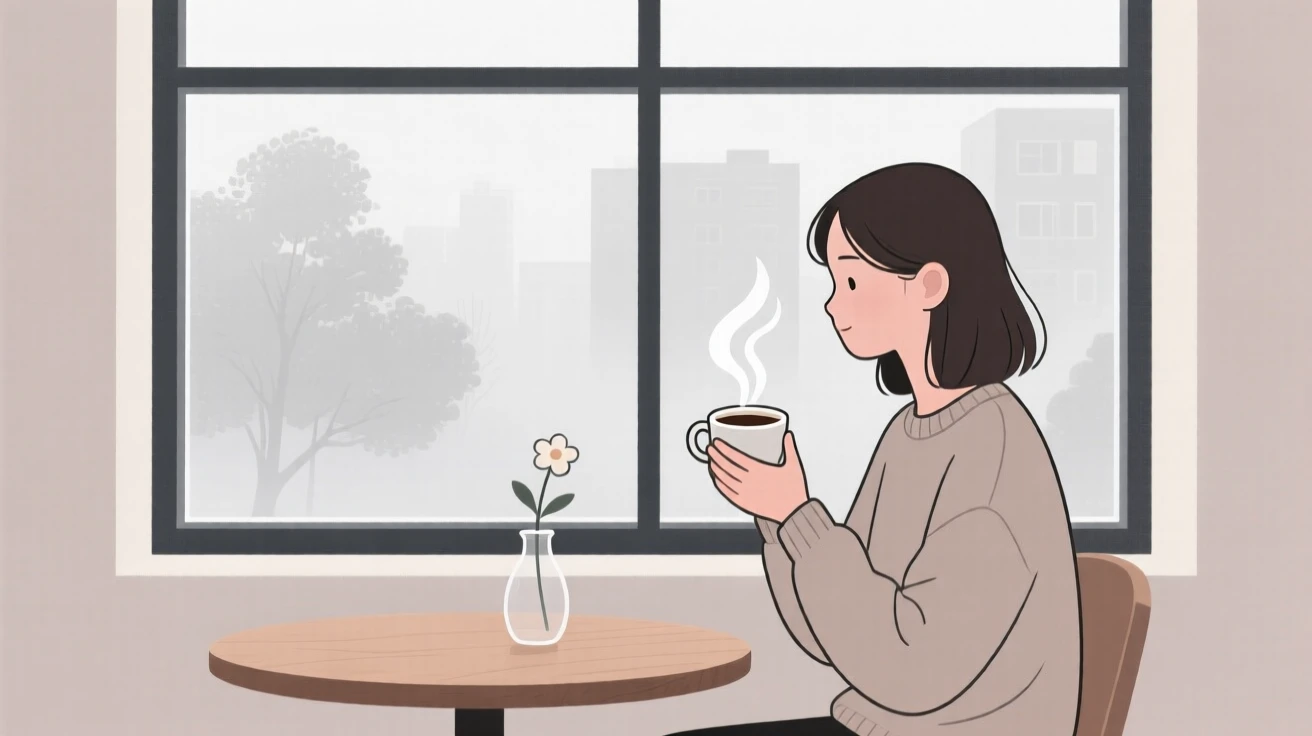 A young woman enjoying a quiet cup of coffee by a window on a foggy morning.