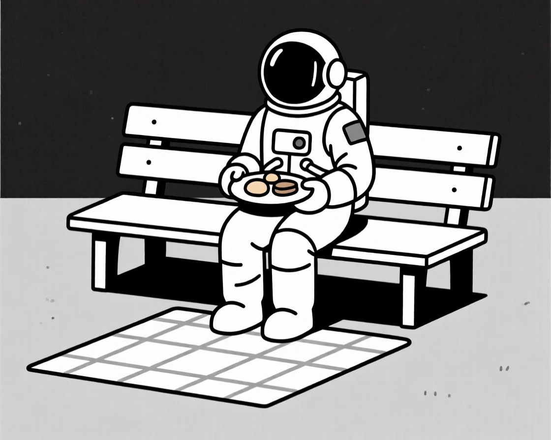An astronaut preparing a meal in a quiet park bench, surrounded by a woven picnic blanket, conveying shared belonging.
