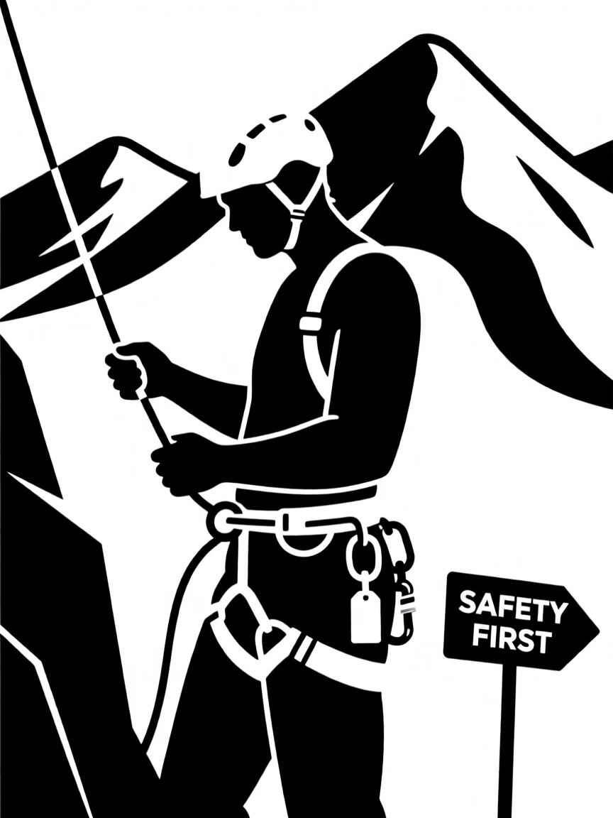 A climber checking gear before a mountain ascent.