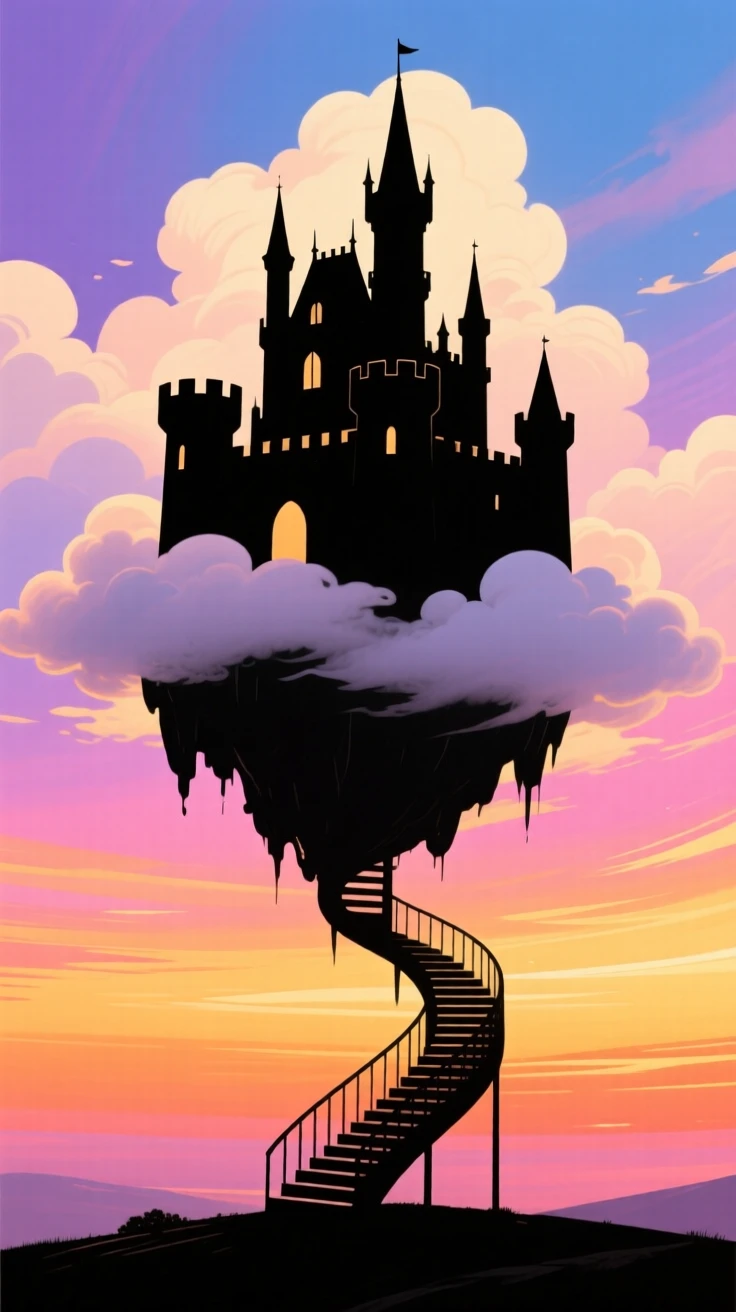 A castle floating among the clouds, connected to the ground by a long spiral staircase.